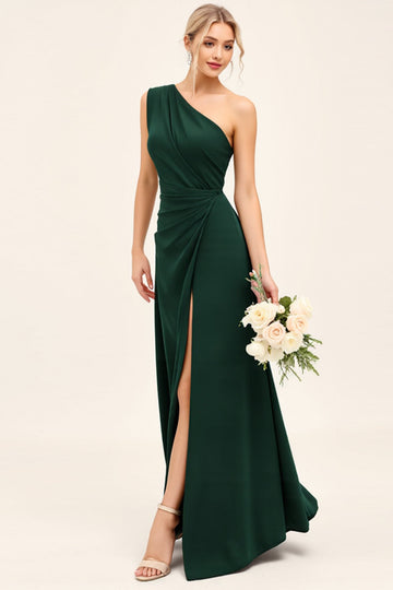 Pine Ruched One Shoulder Long Bridesmaid Dress with Slit